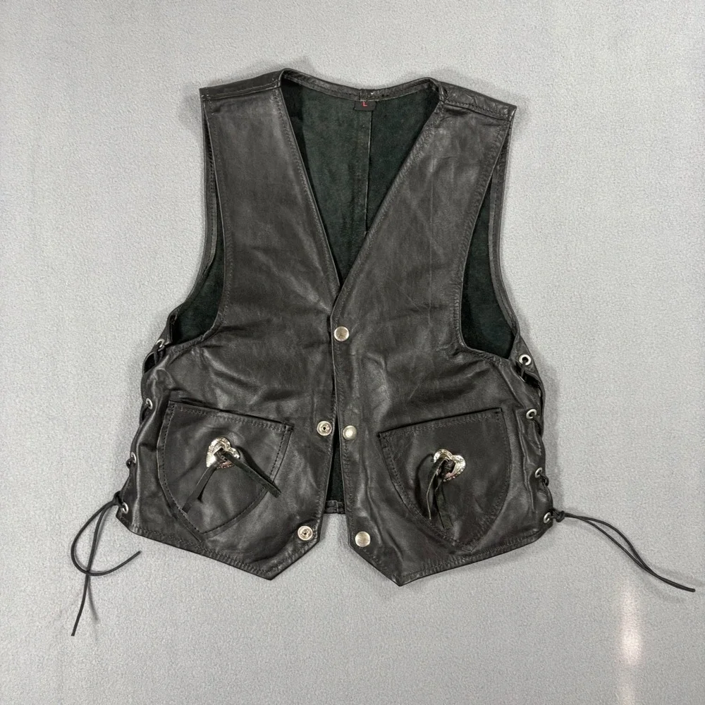 Unbranded Leather Biker Vest Kids L Black Excellent Heart Concho Lace Up Side
